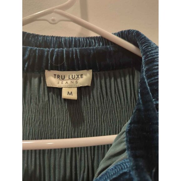 Vintage Tru Luxe Jeans M Blue Velvet Long Sleeve Button Down Ruched Shirt Blouse - Picture 5 of 8